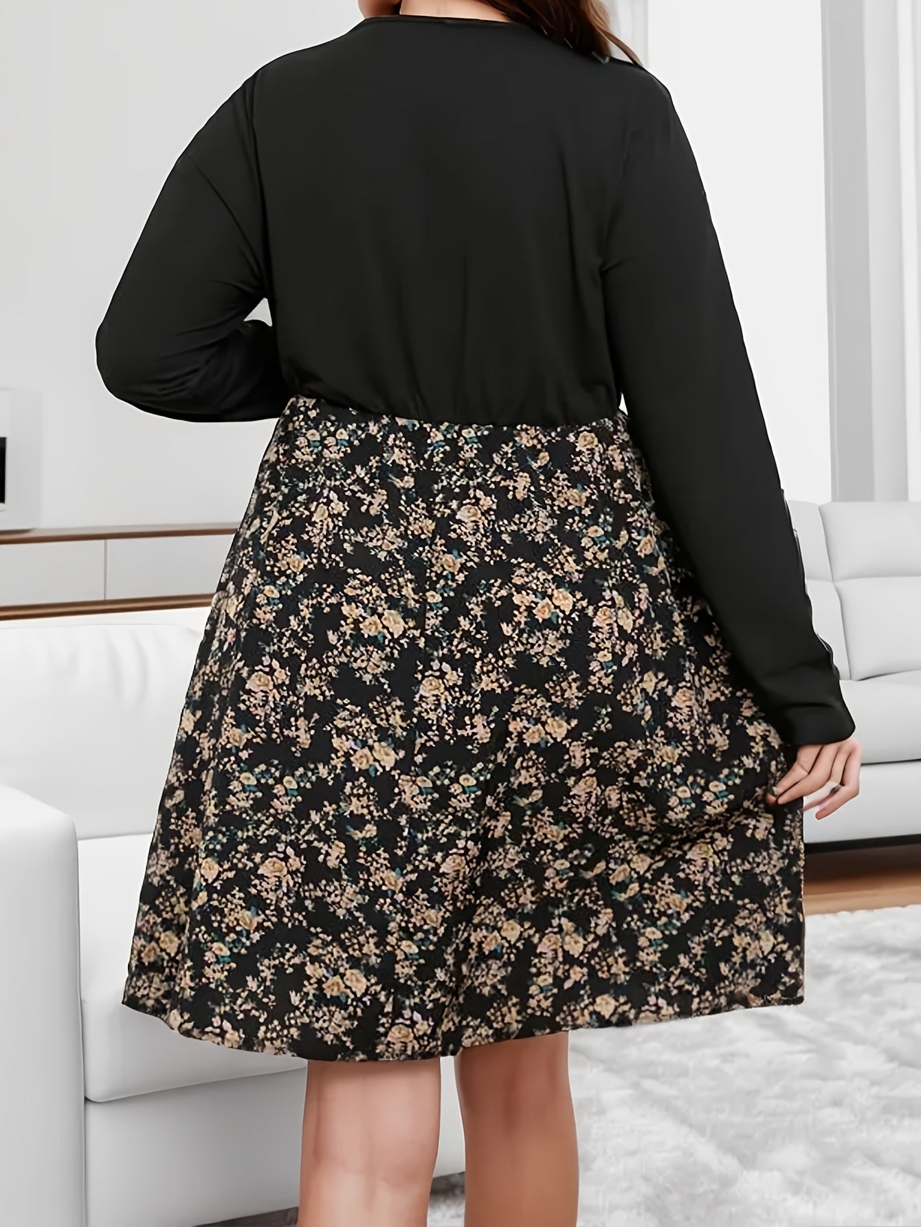 Colorblock Floral Print V Neck Dress