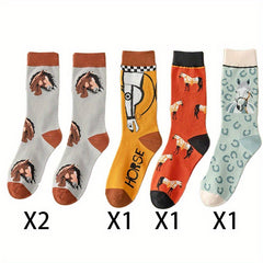 Cartoon Horse Print Socks Comfy & Funny Mid Tube Socks Women's Stockings