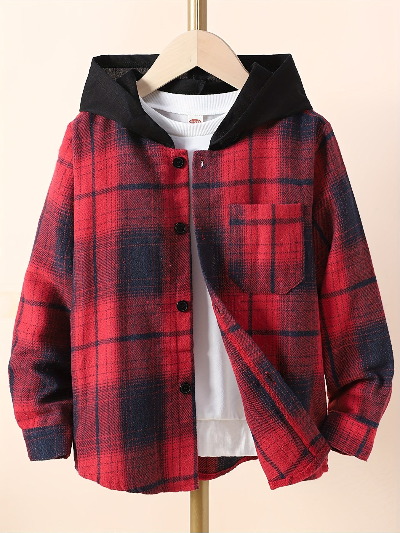Boys Plaid Shirts Long Sleeve Hooded Tops Spring Fall Outwear