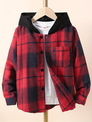 Boys Plaid Shirts Long Sleeve Hooded Tops Spring Fall Outwear