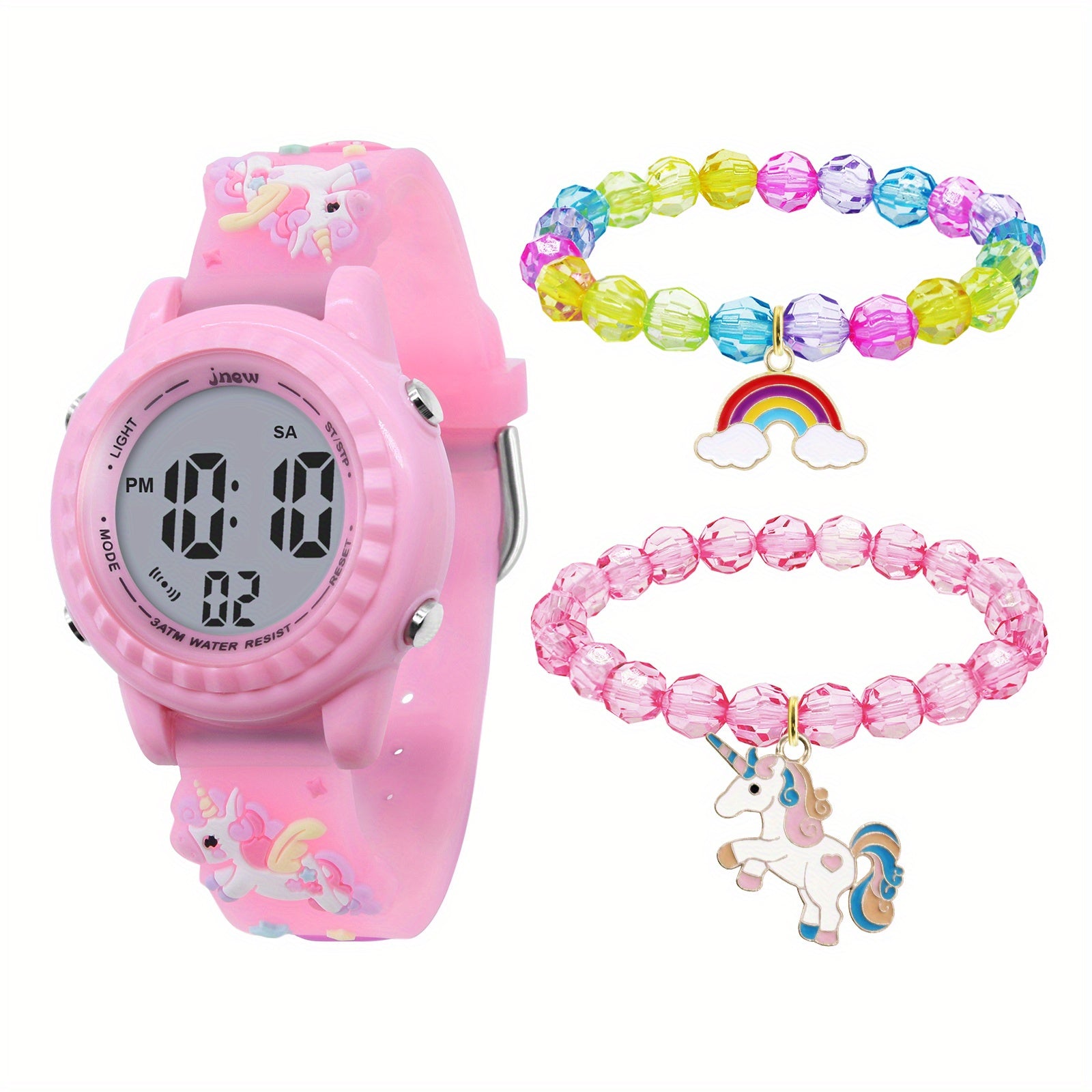 3pcs Unicorn Watch Bracelet For Girls Waterproof Alarm Clock Calendar Watch