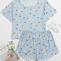 Unicorn Print Pajamas Set Short Sleeve Top & Shorts