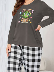 Cactus Print Tee & Plaid Pants Lounge Set - Plus Size