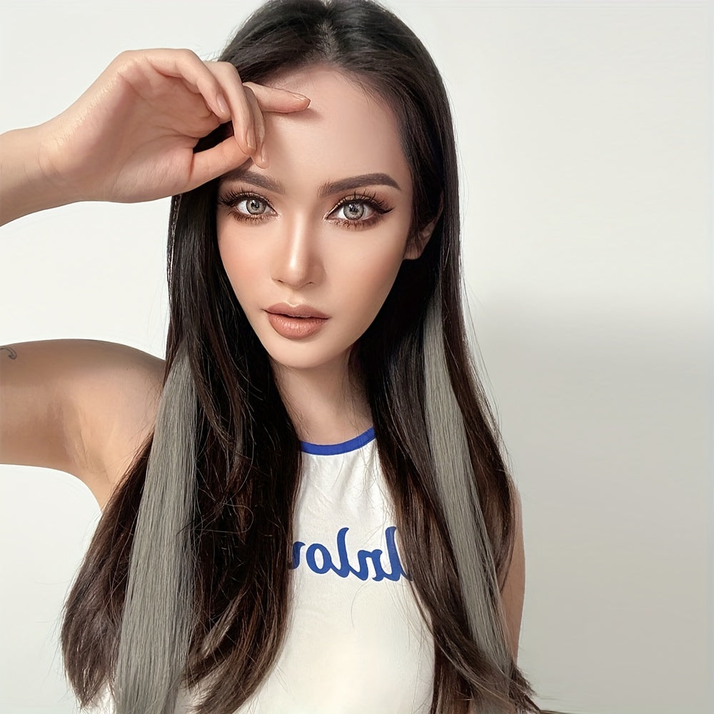 Long Straight Women High Temp Synthetic Hair Extension Clip In Grey