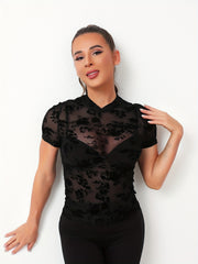 Flower Mesh Round Neck Sports T shirt Breathable Bodycon Short Sleeve Top