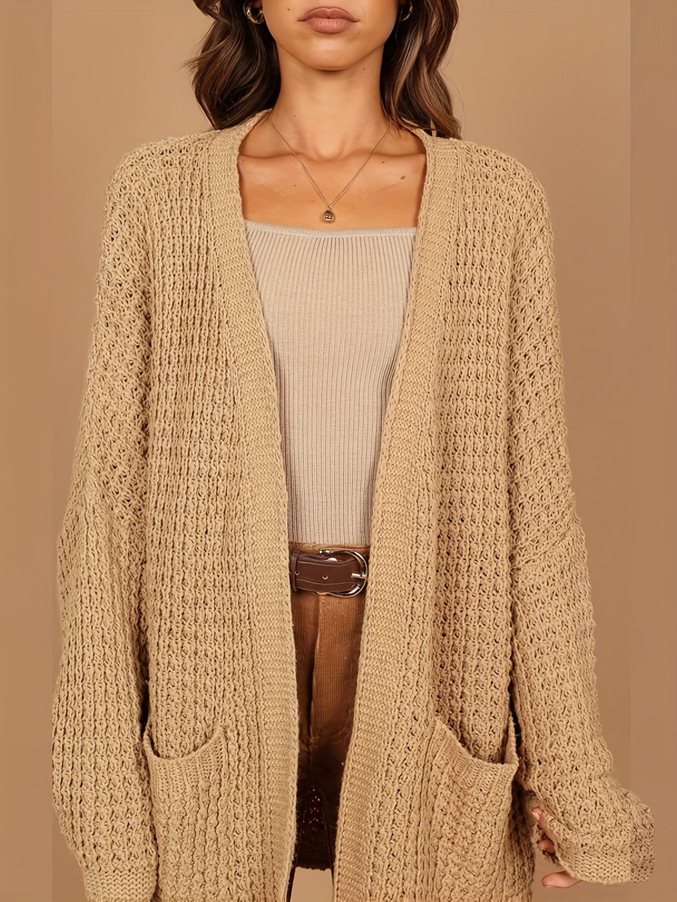 Solid Long Sleeve Open Front Cardigan With Pockets