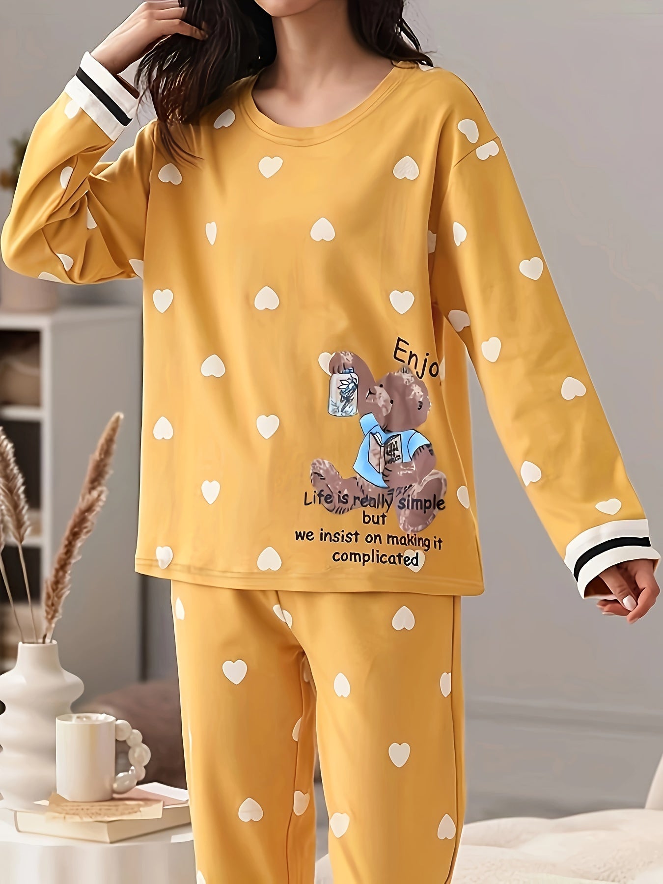 Bear & Heart Print Pajama Set Long Sleeve Top & Pant