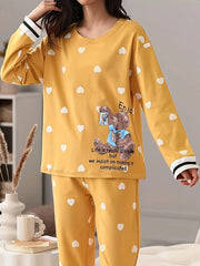 Bear & Heart Print Pajama Set Long Sleeve Top & Pant