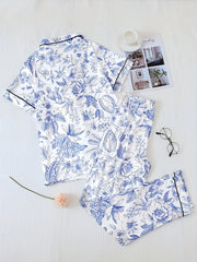 Floral Print Pajama Set Short Sleeve Top & Elastic Waistband Pants