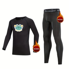 Kids Compression Fleece Sets Frog Pattern Crew Neck Pullover Elastic Waist Pants