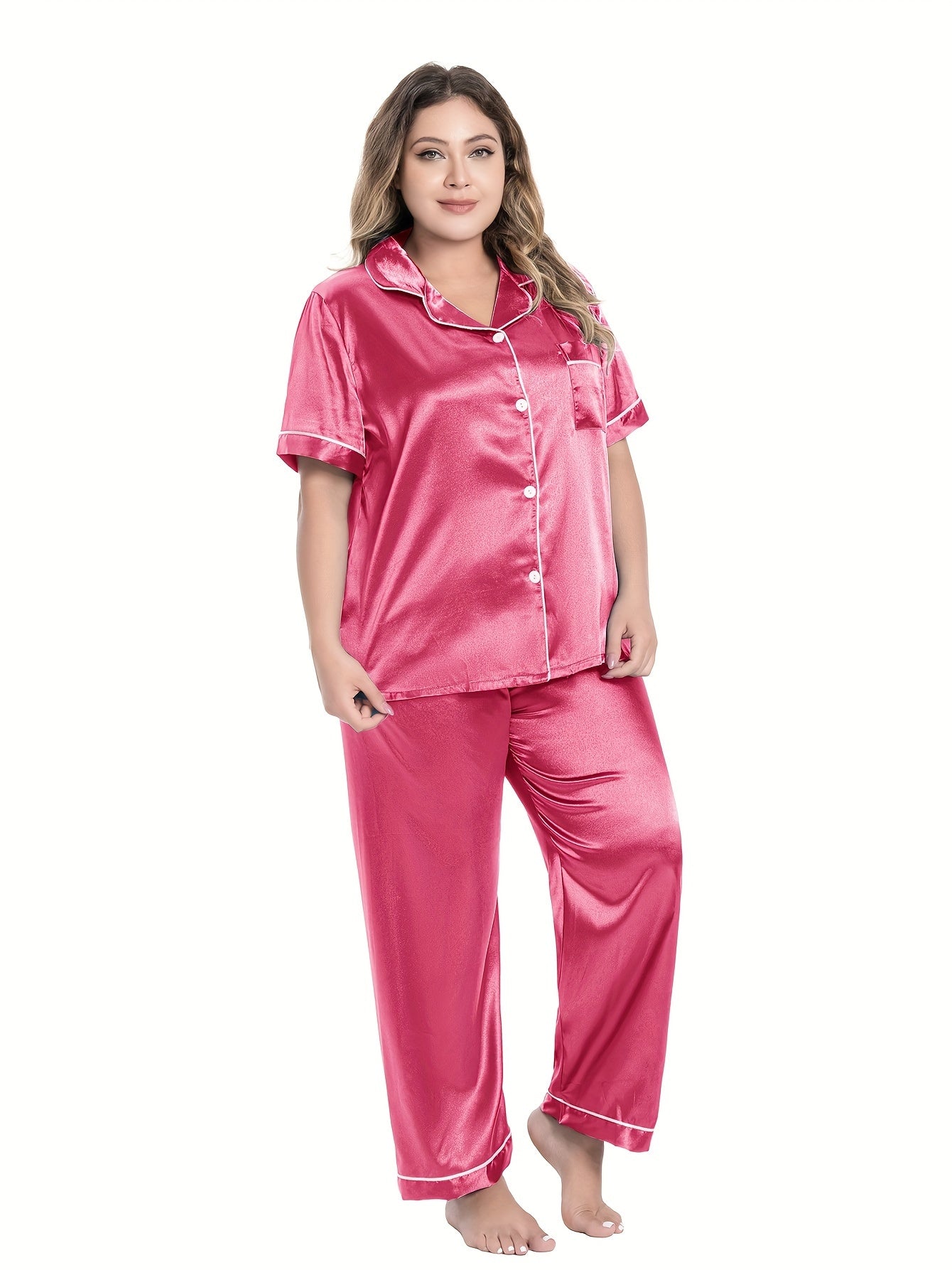 Satin Contrast Pajamas Set Short Sleeve Shirt & Pant