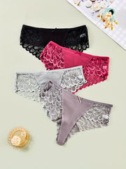4 Pack Plus Size Sexy Panties Set Women's Plus Ribbed Knit Contrast Lace Briefs