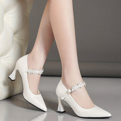 Rhinestone Flower Decor Chunky Heels Point Toe Dress Pumps