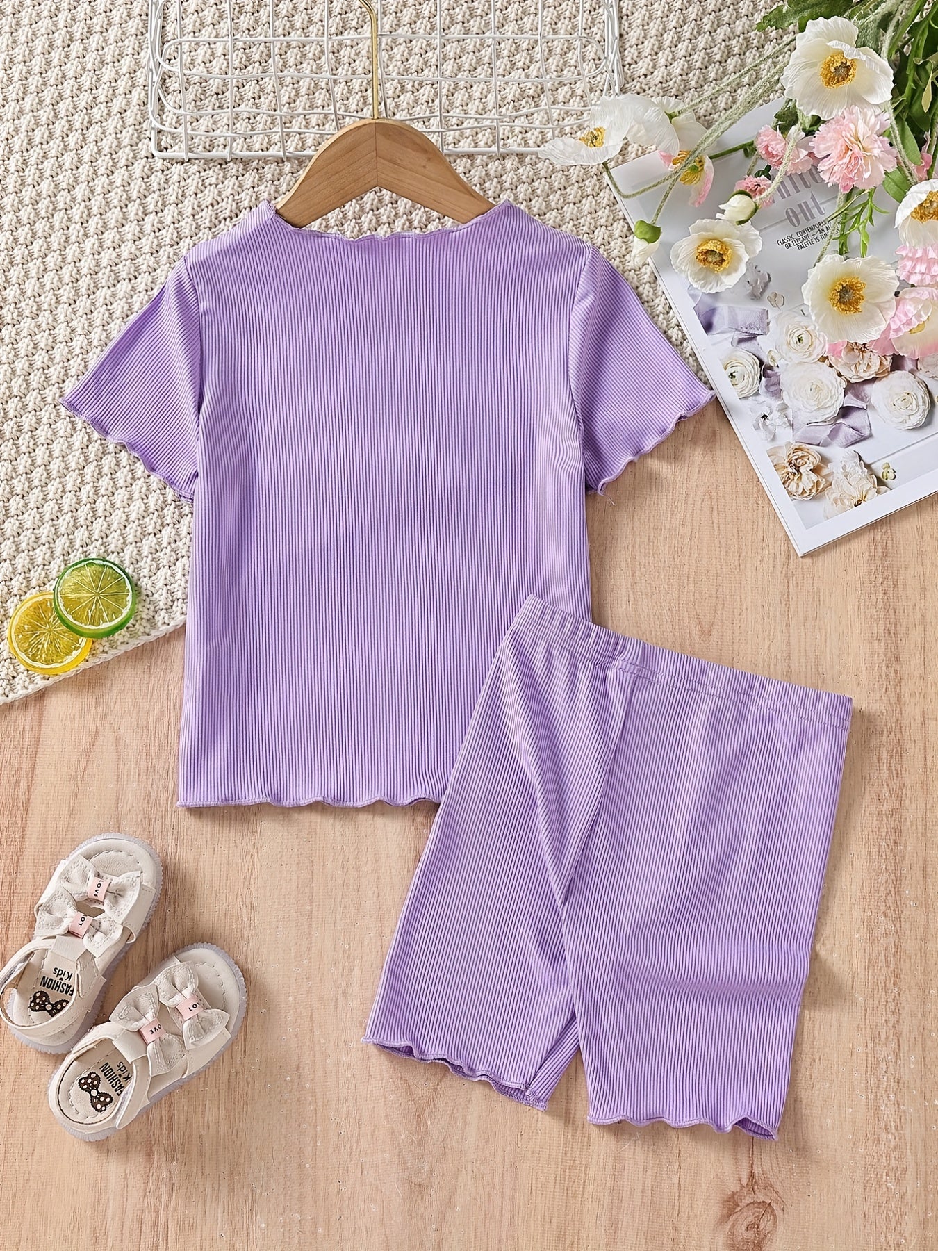 Girls Solid Bustier Round Neck Short Sleeve Pullover & Solid Shorts