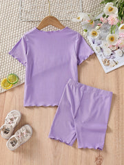 Girls Solid Bustier Round Neck Short Sleeve Pullover & Solid Shorts