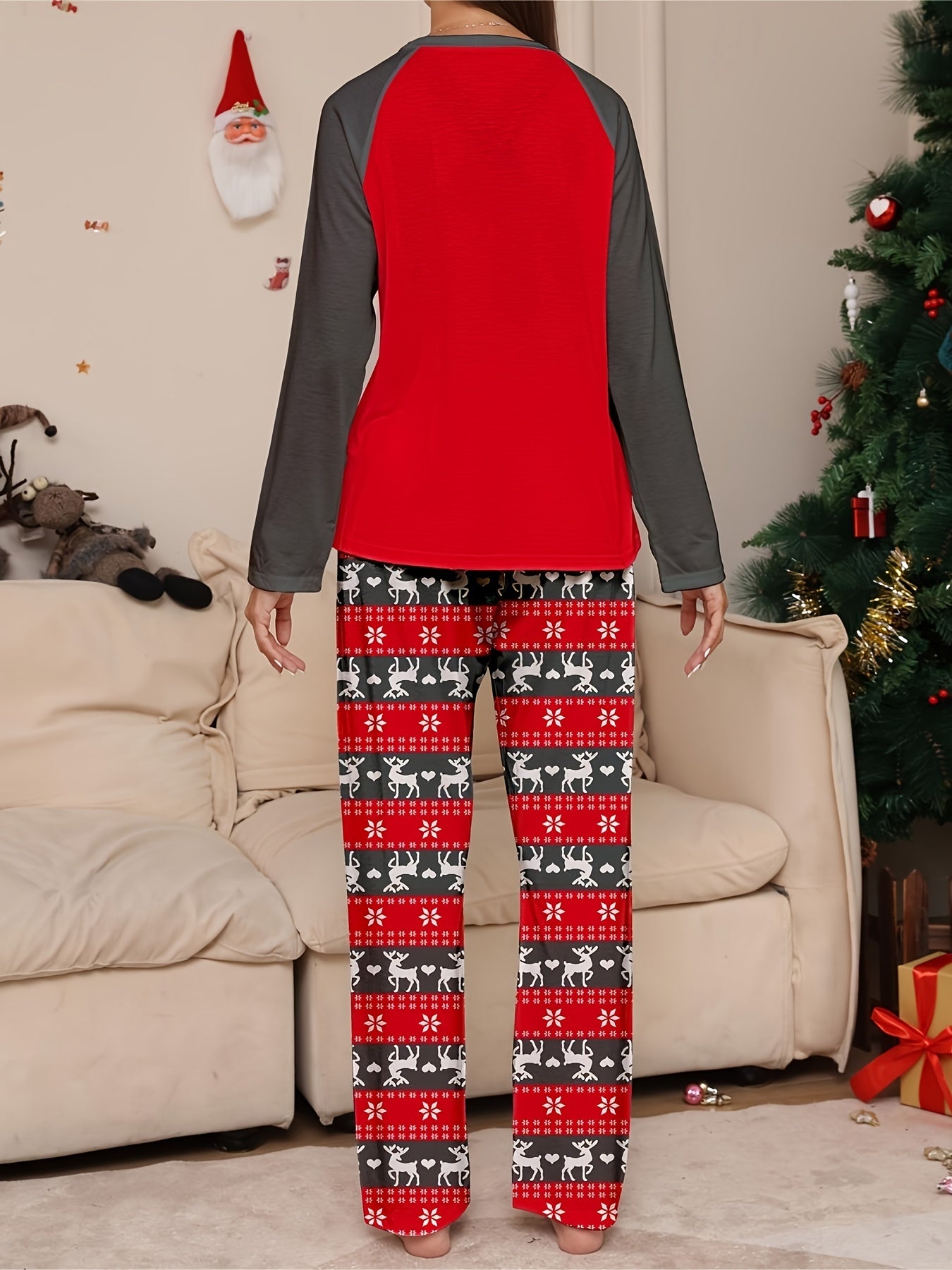 Christmas Pajama Set Women's Reindeer & Stripe Print Top & Pants