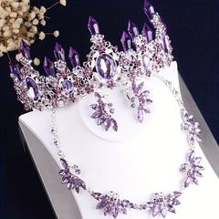 Baroque Crystal Bridal Jewelry Set Amethyst Crown Necklace Earrings