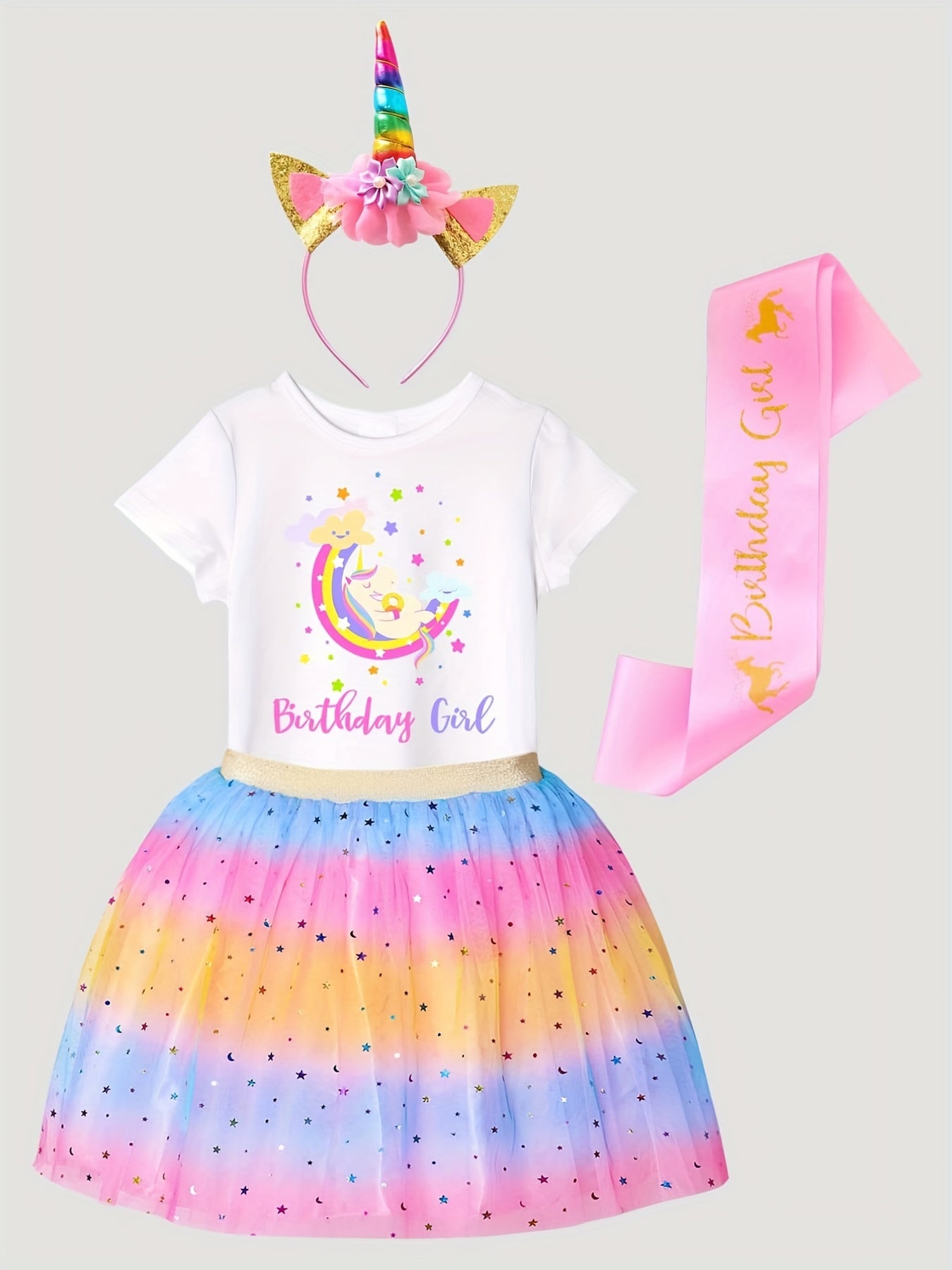 Girl's Birthday Outfit 4pcs Tutu Skirt & T shirt & Headband & Birthday Ribbon