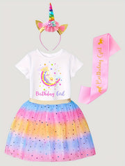 Girl's Birthday Outfit 4pcs Tutu Skirt & T shirt & Headband & Birthday Ribbon