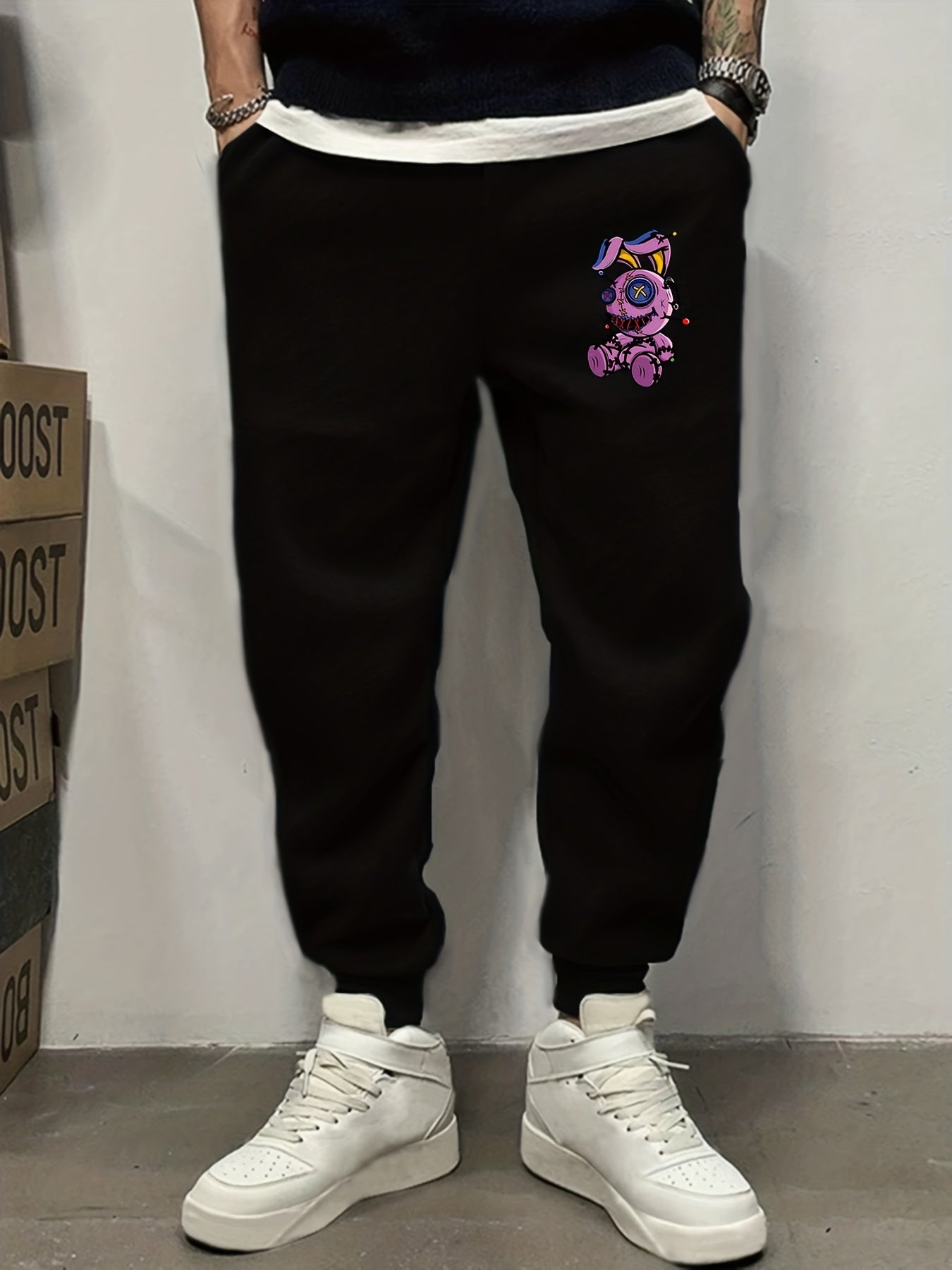 Men's Graffiti Rabbit Pattern Printed Drawstring Sweatpants
