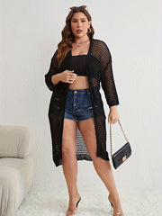 Solid Hollow Out Long Sleeve Open Front Cardigan