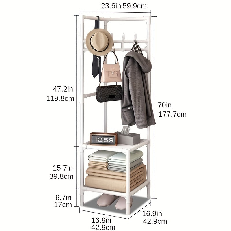 Standing Coat Rack with Storage Shelves & Hooks for Foyer, Living Room, Bathroom