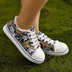 Leopard & Floral Print Canvas Shoes Lace Up Round Toe Low Trim
