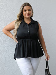 Solid Button Up Turn Down Collar Peplum Vest Top