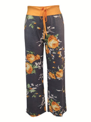Vintage Floral Print Casual Drawstring Waist Long Pants