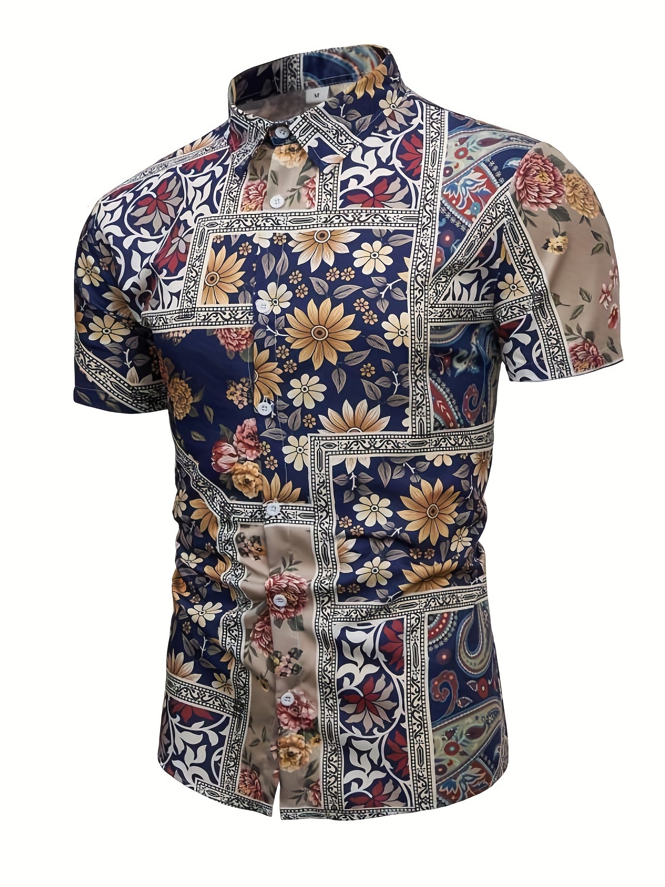 Flower Print Men's Casual Short Sleeve Shirt For Summer Vacation