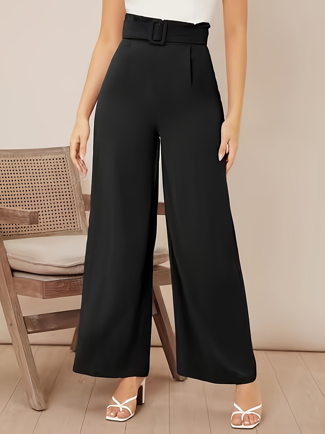 Wide Leg Loose Trousers with Buckle Detail
