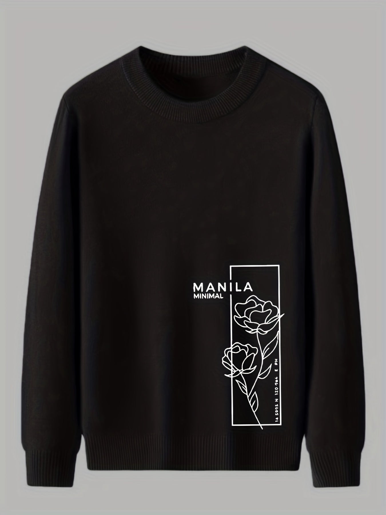 Rose Print Knitted Sweater Men's Crew Neck Pullover For Fall Winter