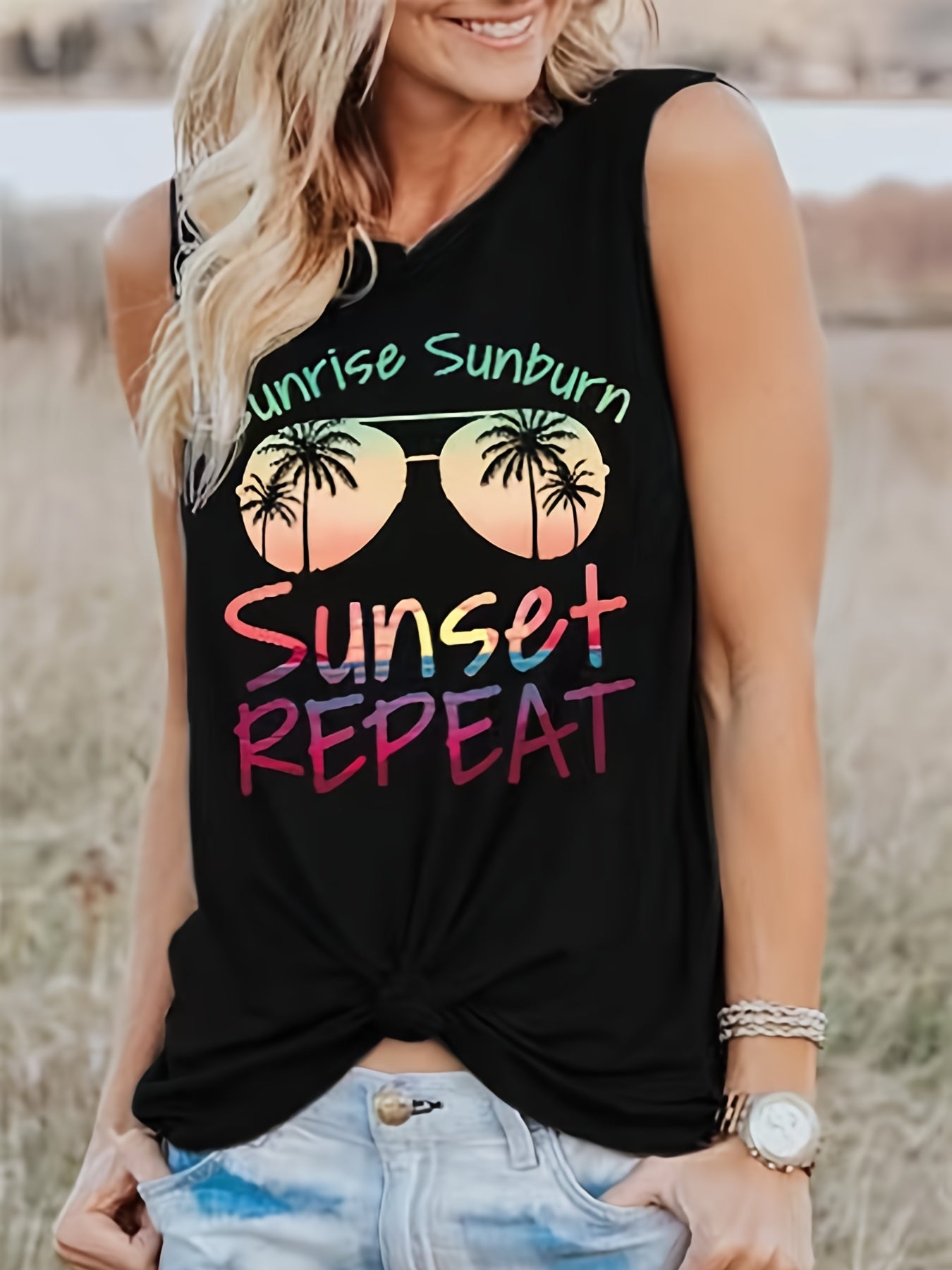 Graphic & Letter Print Tank Top Women's Clothing