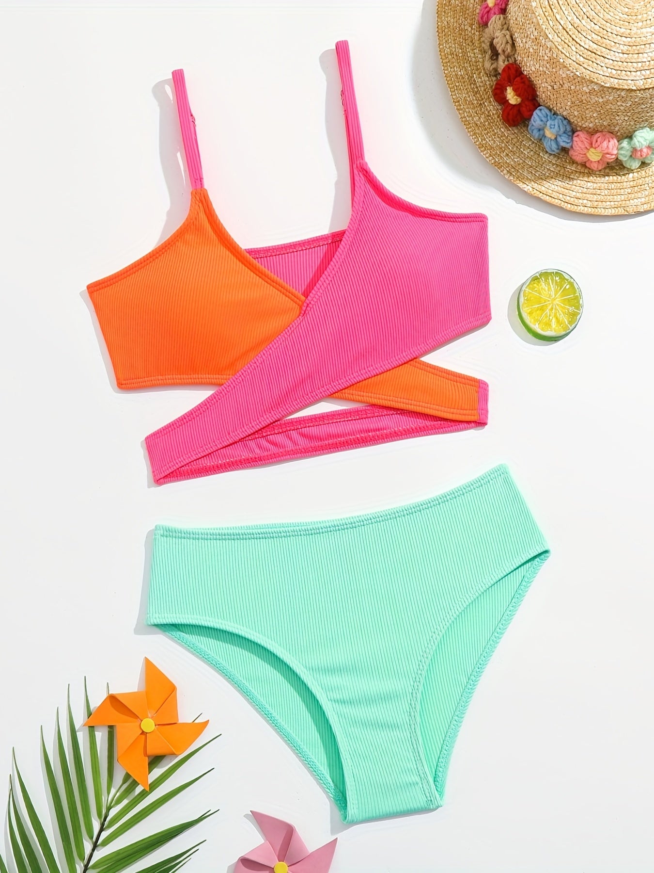 Kid's Split Swimsuit Girls Bikini Set V Neck Cami Top Shorts Set