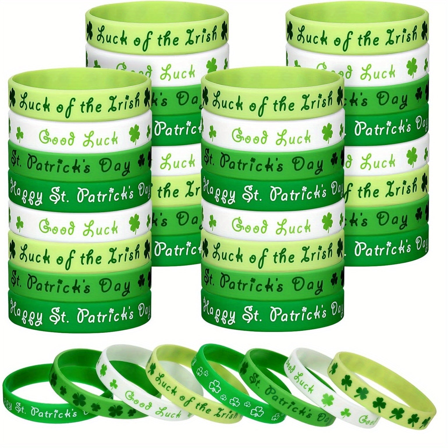 12pcs St Patrick's Rubber Wristbands - Lucky Shamrock Bracelets