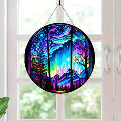 Aurora Forest Mountain Night View Suncatcher