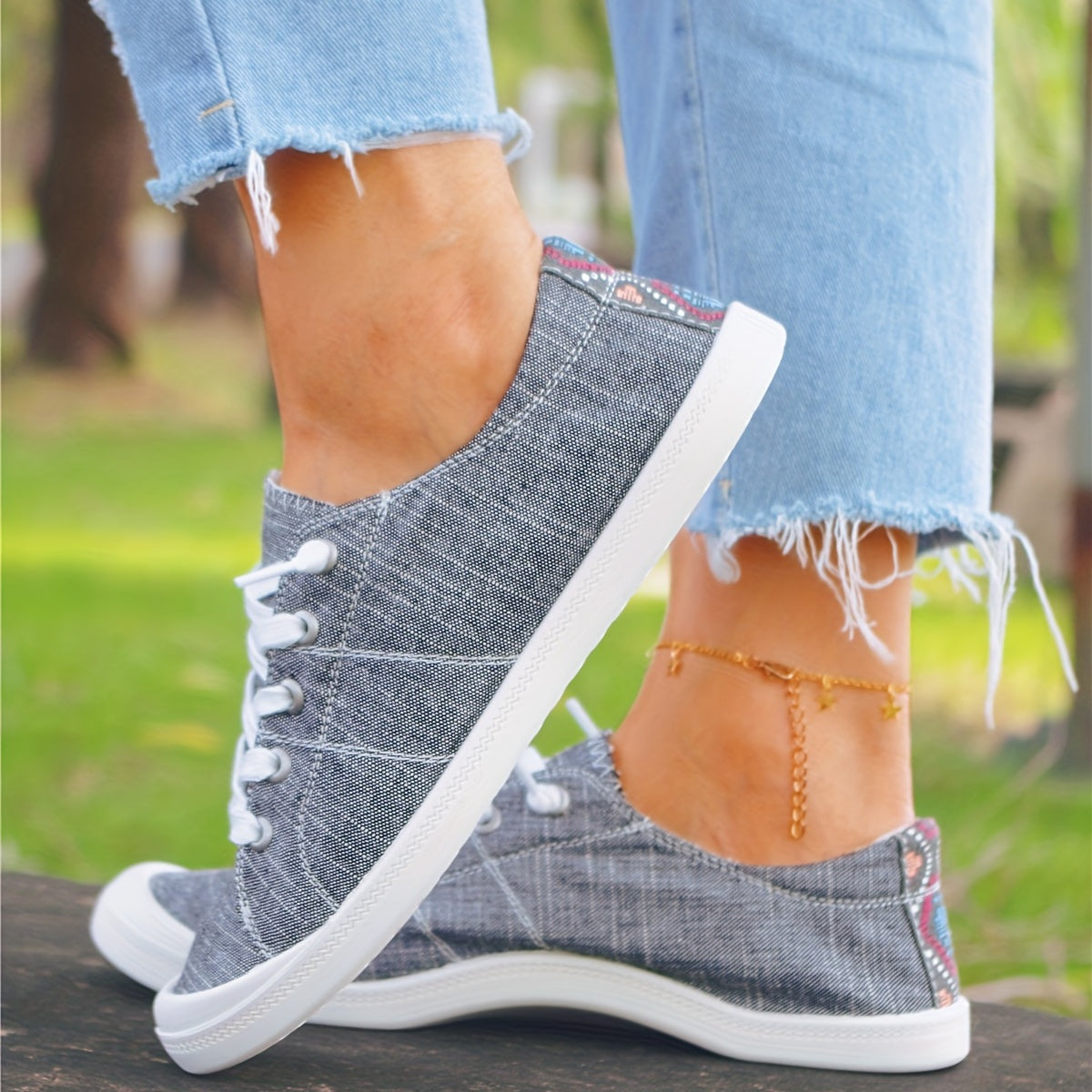 Gray Lace Up Canvas Shoes Anti Slip Causal Flat Walking Shoes Women's Footwear