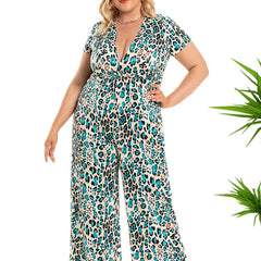 Leopard Print Deep V Neck Jumpsuit Women's Plus