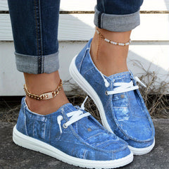 Women's Sea Denim Print Boat Shoes Lace Up Slip on Canvas Shoes