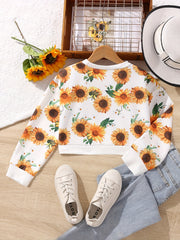 Big Girl's Sunflower Graphic Crew Neck Sweatshirt Top