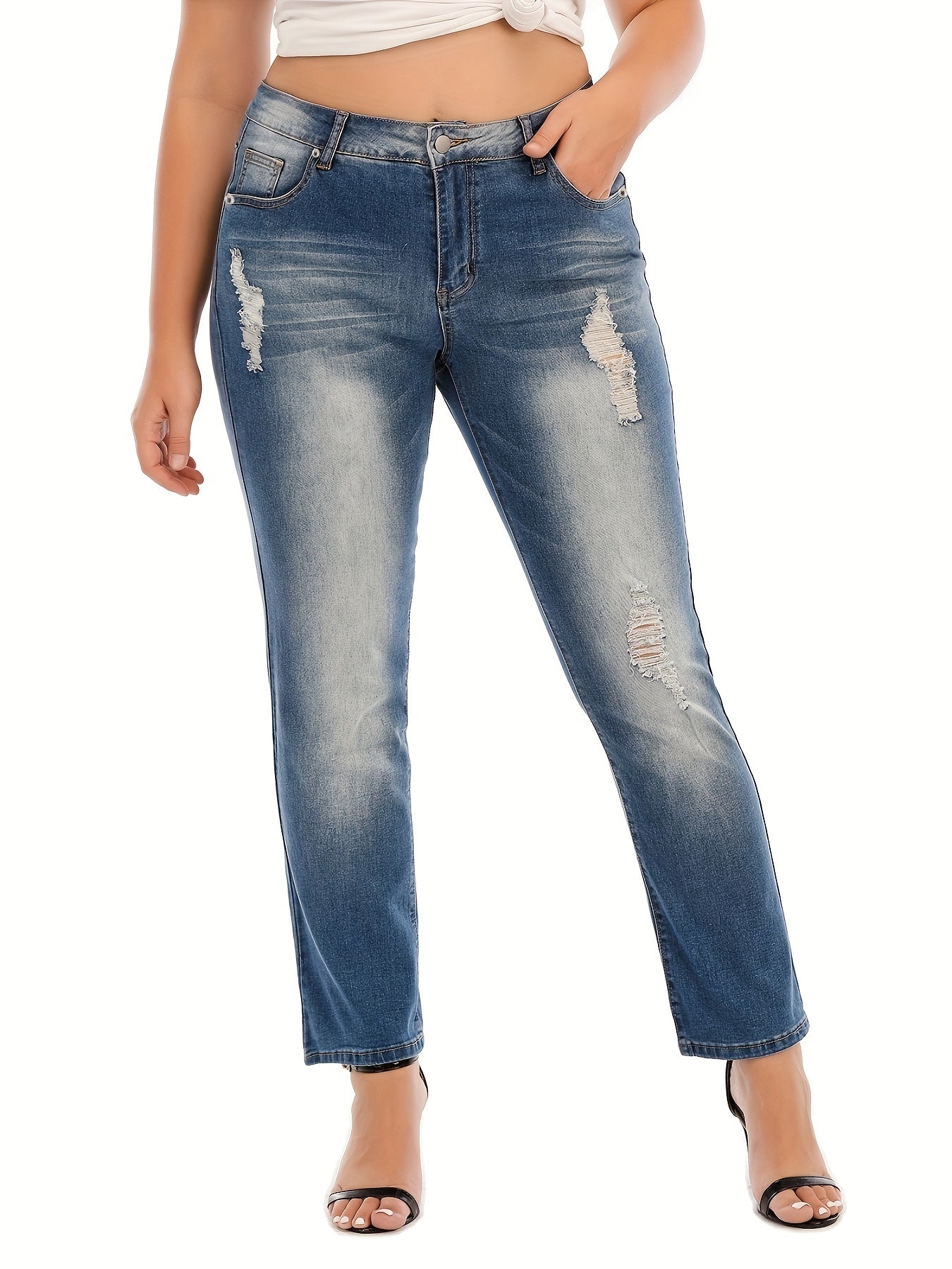 Washed Ripped Button Fly High Stretch Jeans