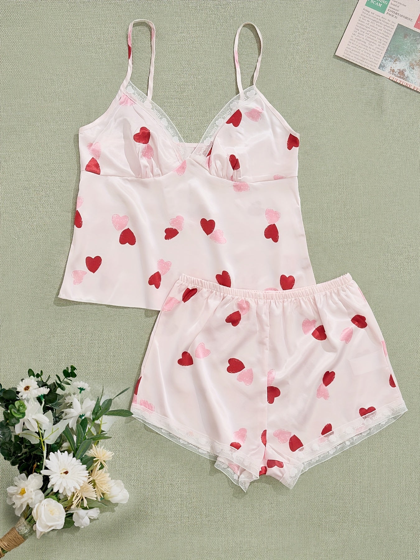 Heart Print Pajama Set V Neck Cami Top & Lace Trim Shorts Women's Sleepwear