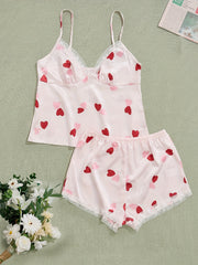 Heart Print Pajama Set V Neck Cami Top & Lace Trim Shorts Women's Sleepwear