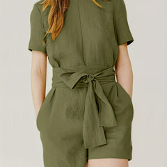 Solid Romper Casual Short Sleeve Knotted Zipper Romper
