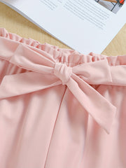 Girls 2pcs Ruffle Decor Top & Elastic Waist Pants With Belt