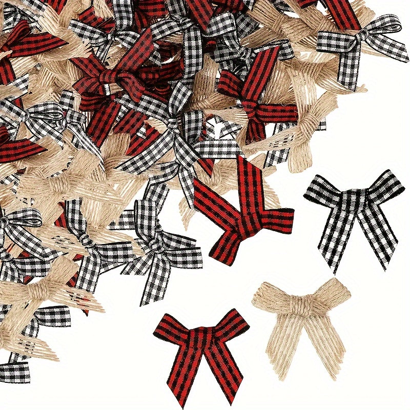 30pcs Mini Burlap & Red Checkered Ribbon Bow Party Christmas Tree Home Decor