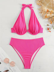 Basic Bikini Set Women's Plus Plain Halter Neck Medium Stretch