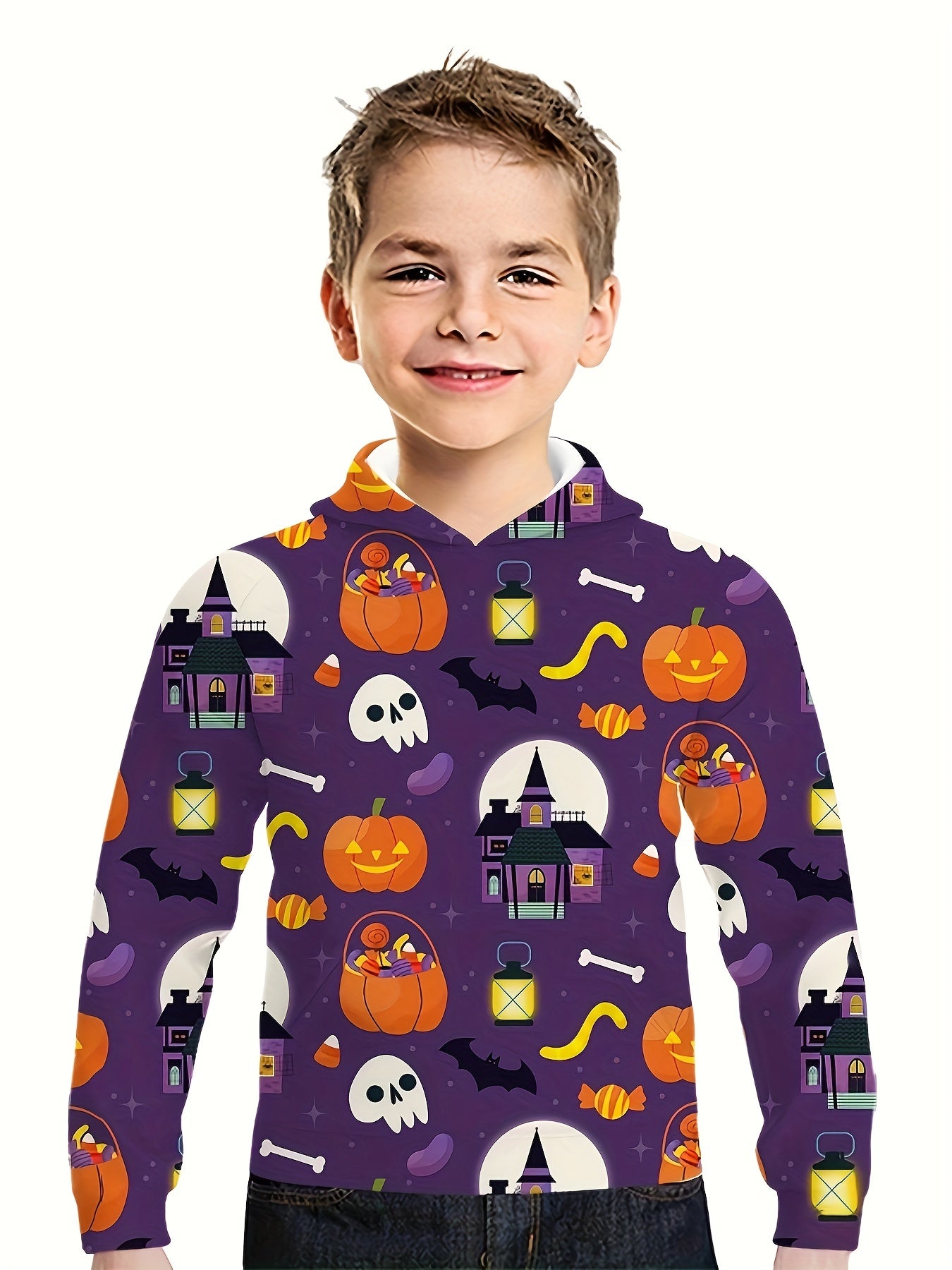 Skull & Pumpkin Print Kid's Hoodie Halloween Elements Unisex Pullover