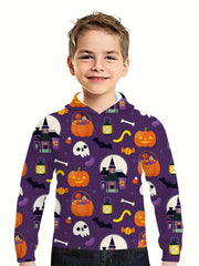 Skull & Pumpkin Print Kid's Hoodie Halloween Elements Unisex Pullover