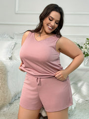 Solid V Neck Tank Top & Tie Front Shorts Lounge Set